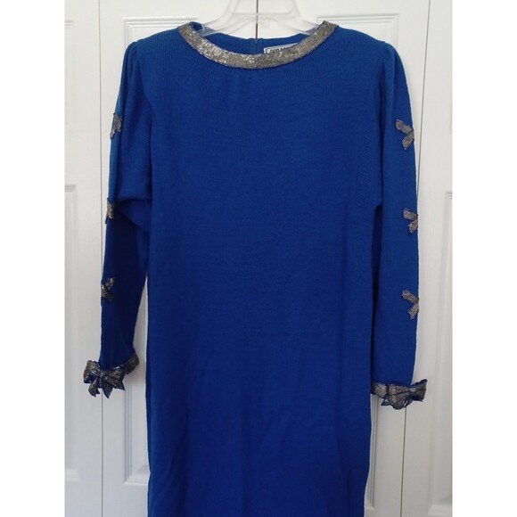 VINTAGE DON SAYERS For WELLMORE Blue Beaded 3D Bows On Sleeves SWEATER DRESS 12 - Picture 12 of 13